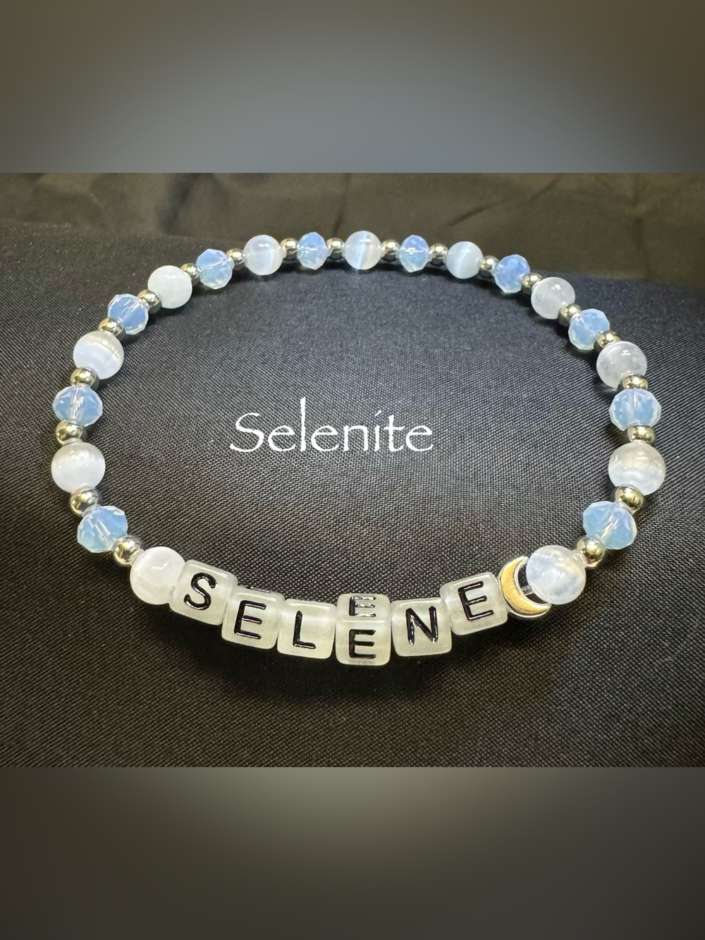 Selenite Beaded Name Bracelet in White and Light Blue